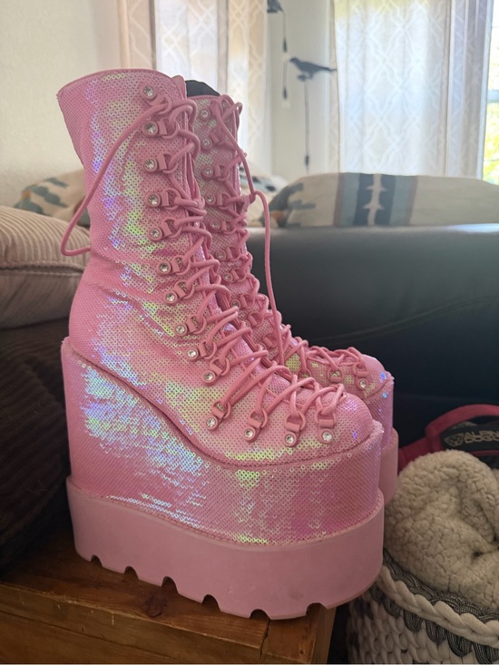 Sugar Thrillz Shoes - Sugar Thrillz Pink Iridescent Sequin Platform Lace-Up Boots